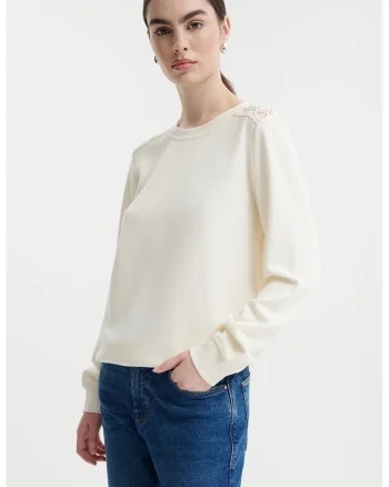 Bluza de trening cu perforatii, Alb fildes