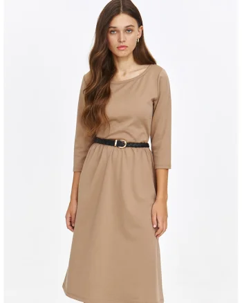 Rochie midi cu o curea impletita in talie, Maro nisip