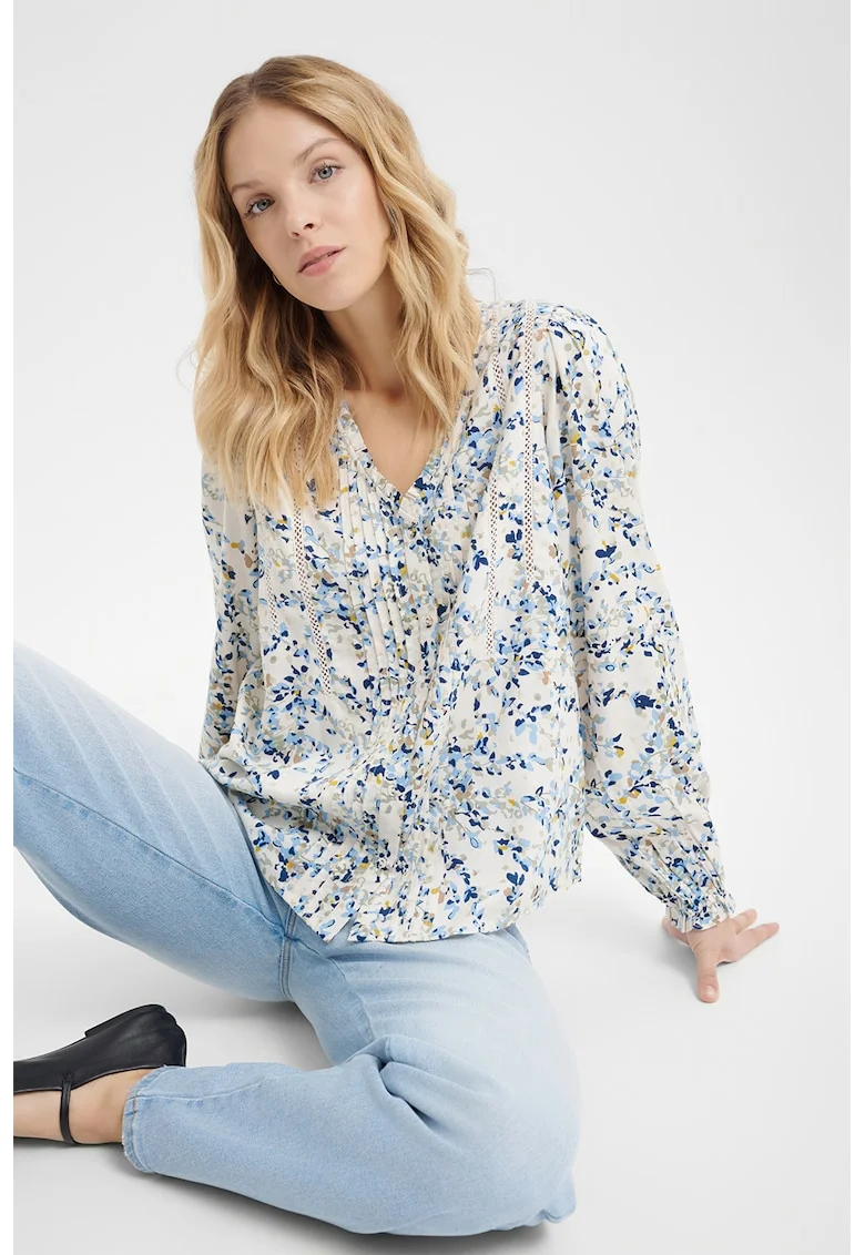 Bluza cu model floral si decolteu in V, Gri deschis/Alb murdar/Albastru