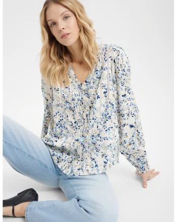 Bluza cu model floral si decolteu in V, Gri deschis/Alb murdar/Albastru