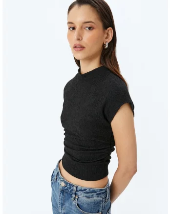 Tricou crop texturat, Negru