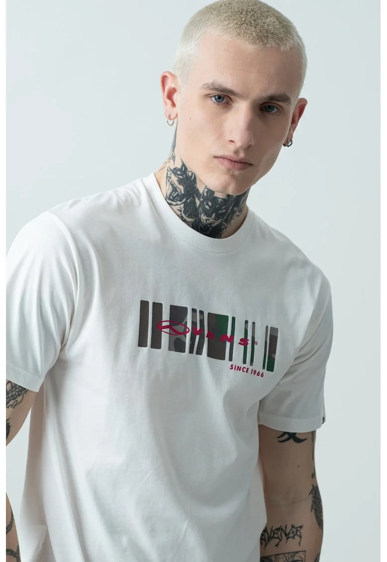 Tricou cu decolteu la baza gatului si imprimeu logo, Alb