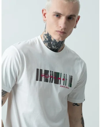 Tricou cu decolteu la baza gatului si imprimeu logo, Alb