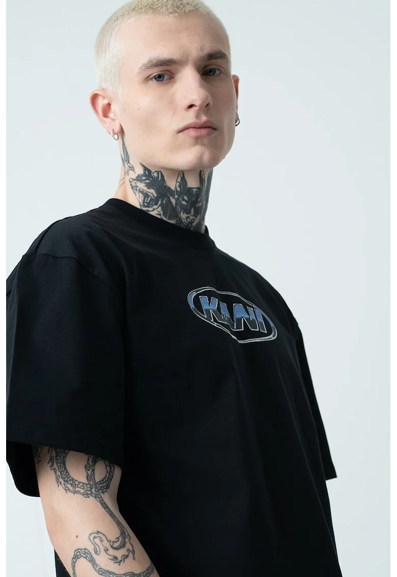Tricou de bumbac cu model grafic, Negru/Albastru prafuit