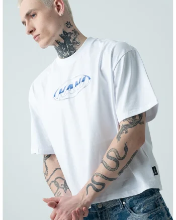 Tricou de bumbac cu model grafic, Alb/Albastru prafuit