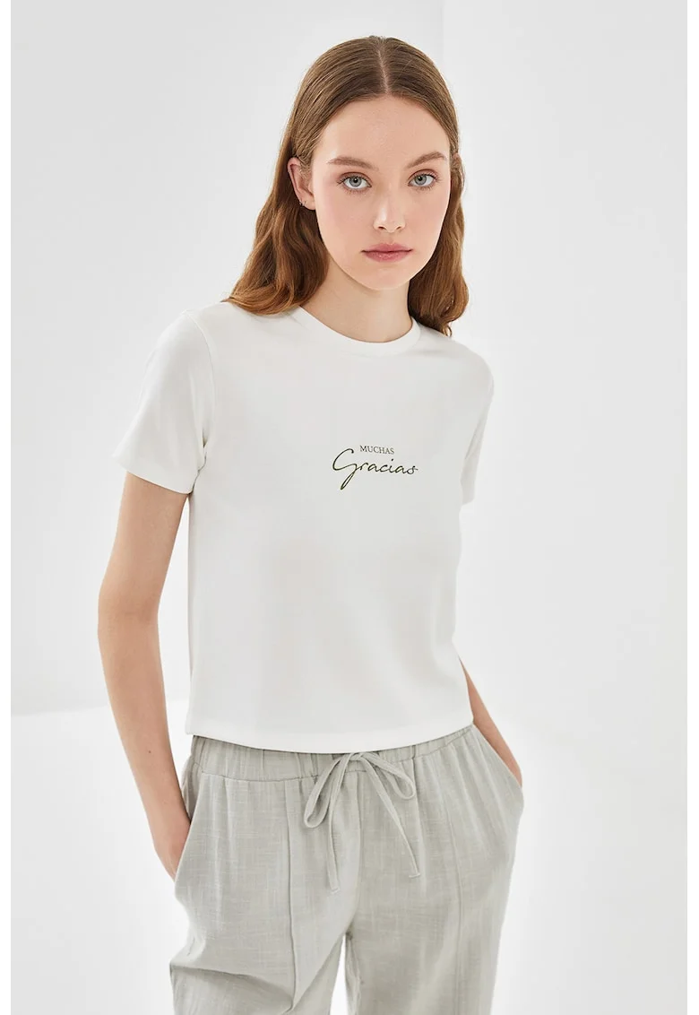 Tricou slim fit cu imprimeu text, Alb fildes