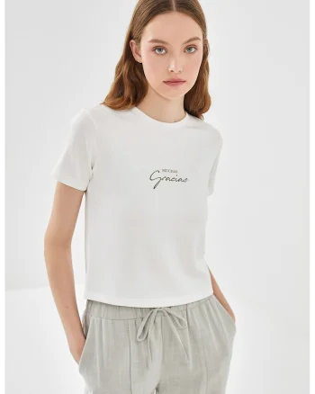 Tricou slim fit cu imprimeu text, Alb fildes