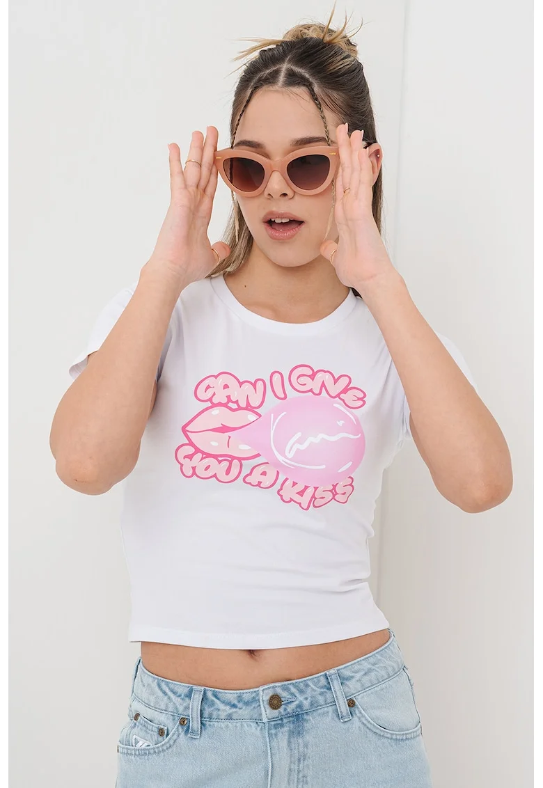 Tricou crop cu imprimeu pe piept, Alb/Roz