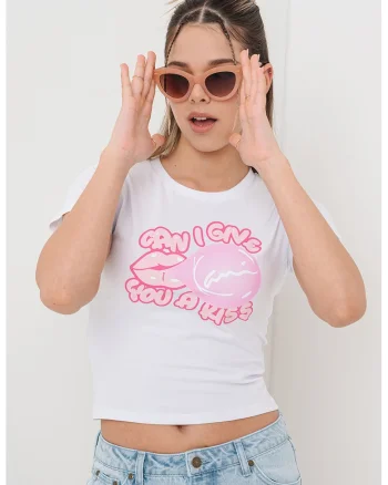 Tricou crop cu imprimeu pe piept, Alb/Roz