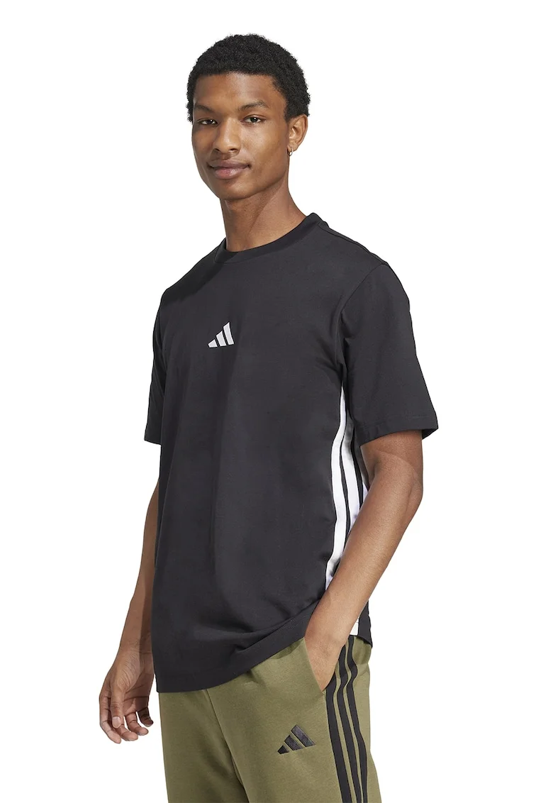 Tricou din bumbac cu decolteu la baza gatului si logo, Alb/Negru stins