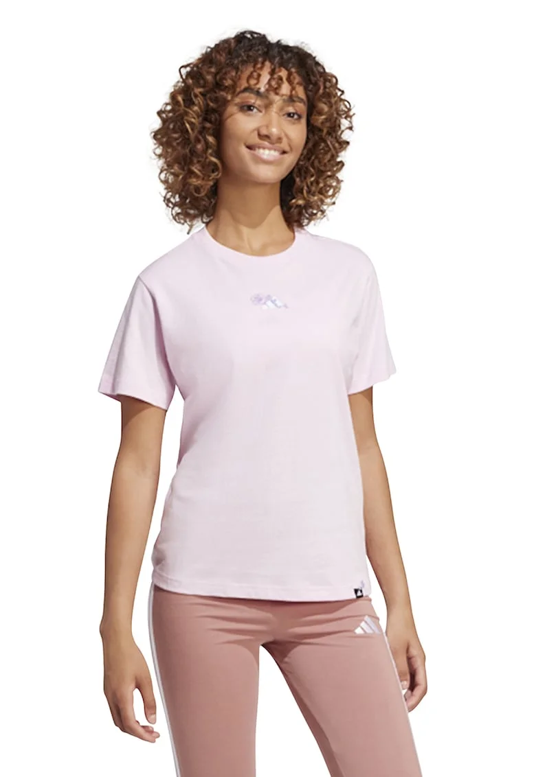 Tricou din bumbac cu decolteu rotund si detaliu logo, Roz pal