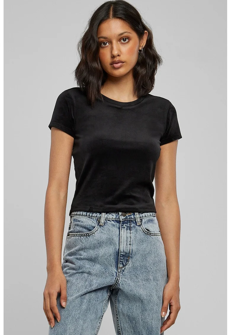 Tricou crop cambrat si catifelat, Negru