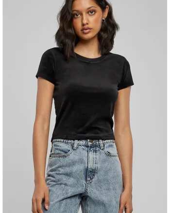 Tricou crop cambrat si catifelat, Negru