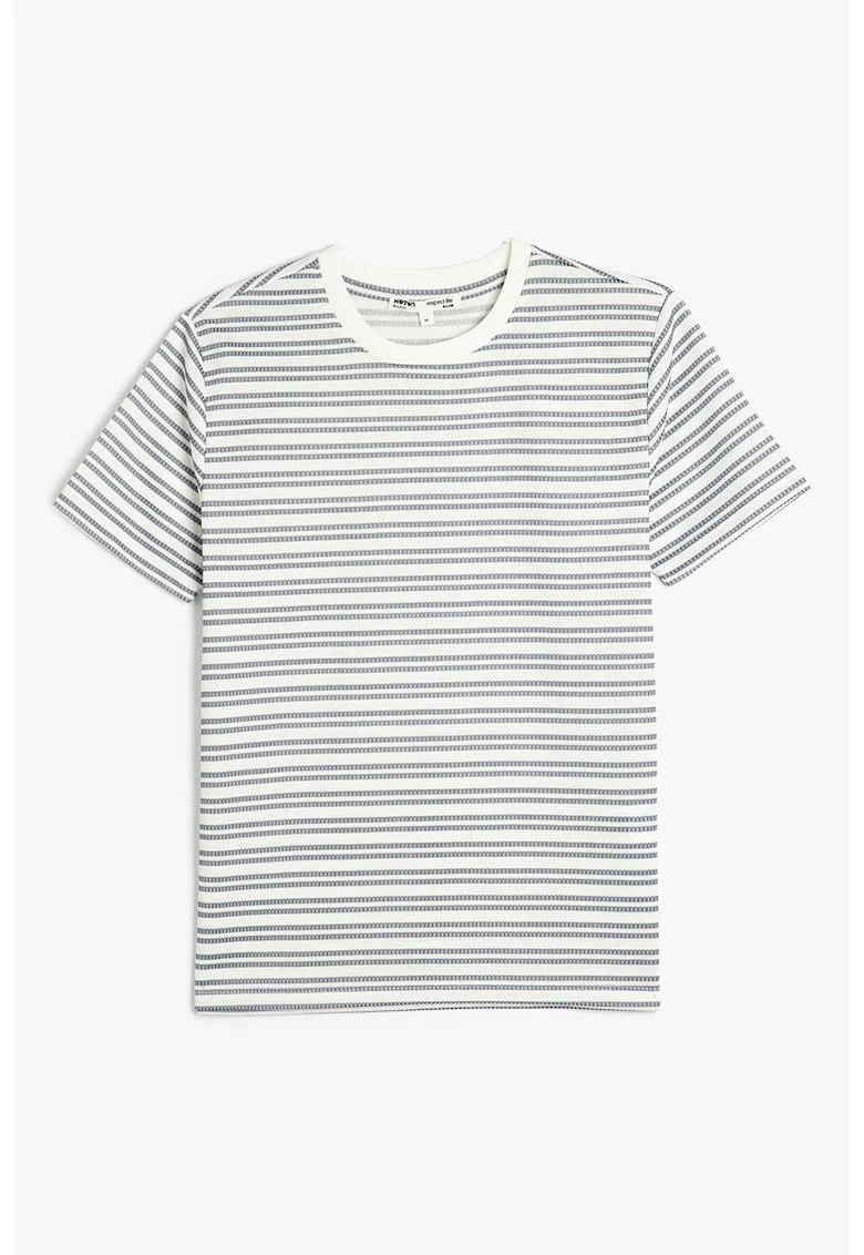 Tricou cu decolteu la baza gatului si imprimeu in dungi, Alb/Albastru inchis