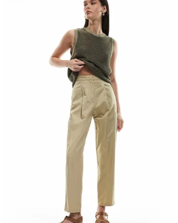 Pantaloni drepti cu talie inalta, Maro nisip