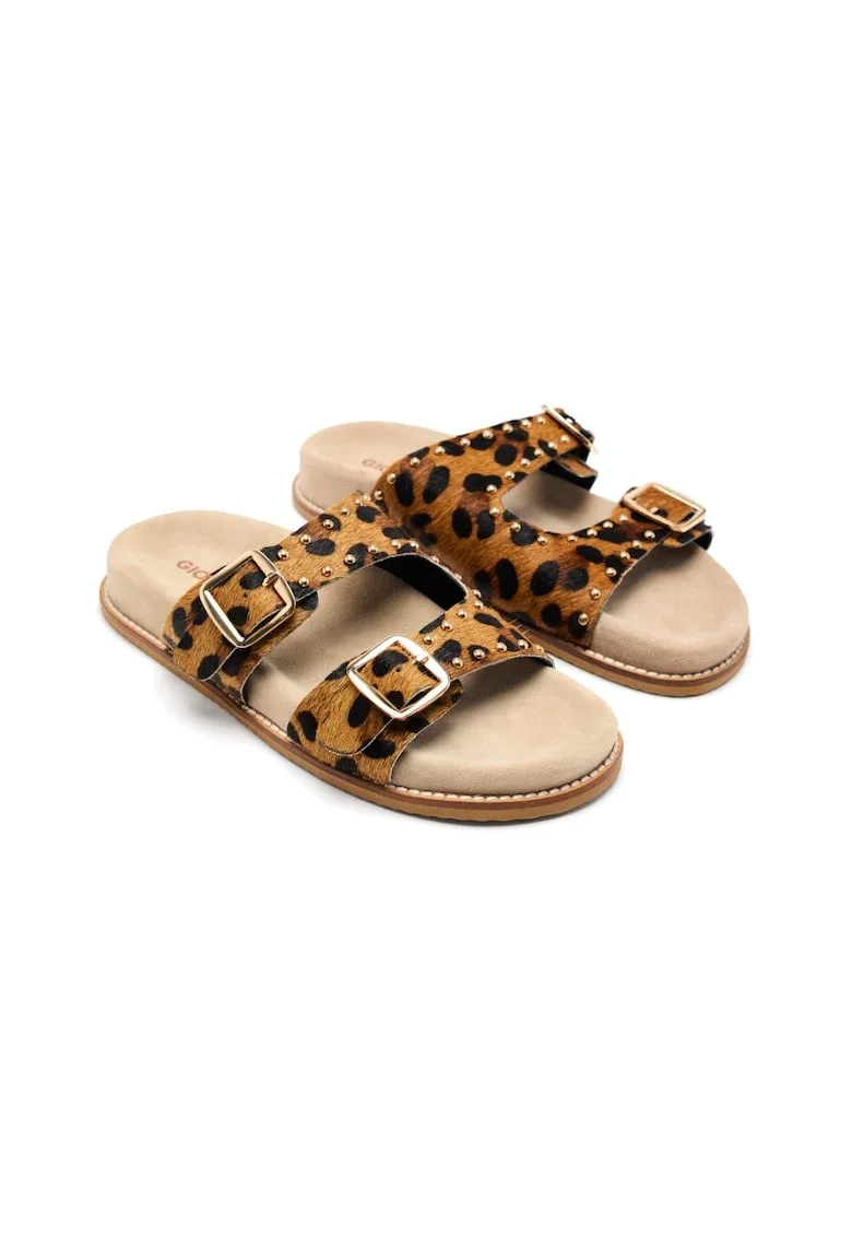 Papuci din piele cu animal print Stella Guenther, Maro inchis/Maro nisip