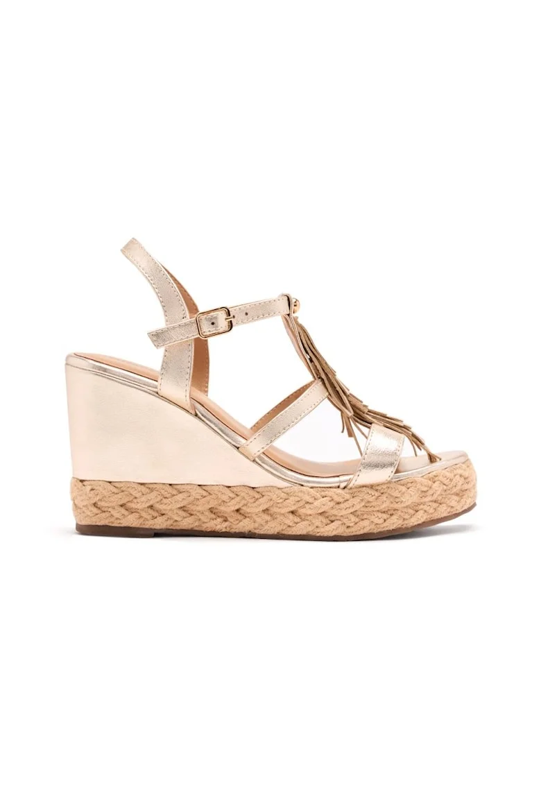 Sandale wedge de piele cu franjuri, Auriu