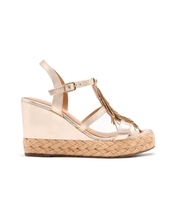 Sandale wedge de piele cu franjuri, Auriu