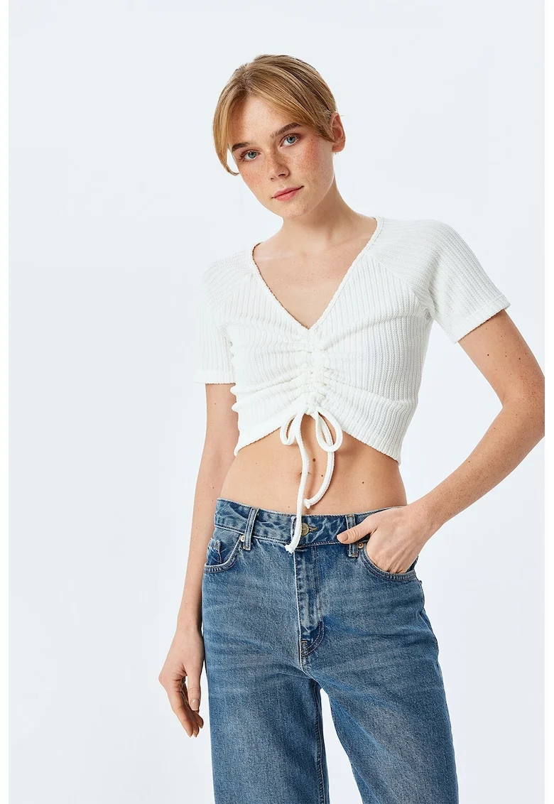 Tricou crop cu volane, Alb