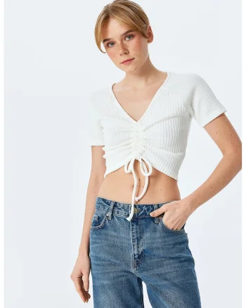 Tricou crop cu volane, Alb