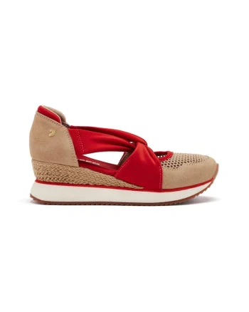 Pantofi cu talpa wedge si insertii din piele intoarsa, Rosu