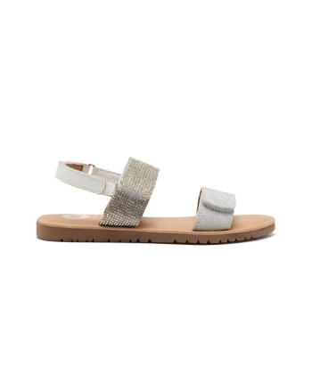 Sandale din piele cu inchidere velcro si strasuri, Argintiu