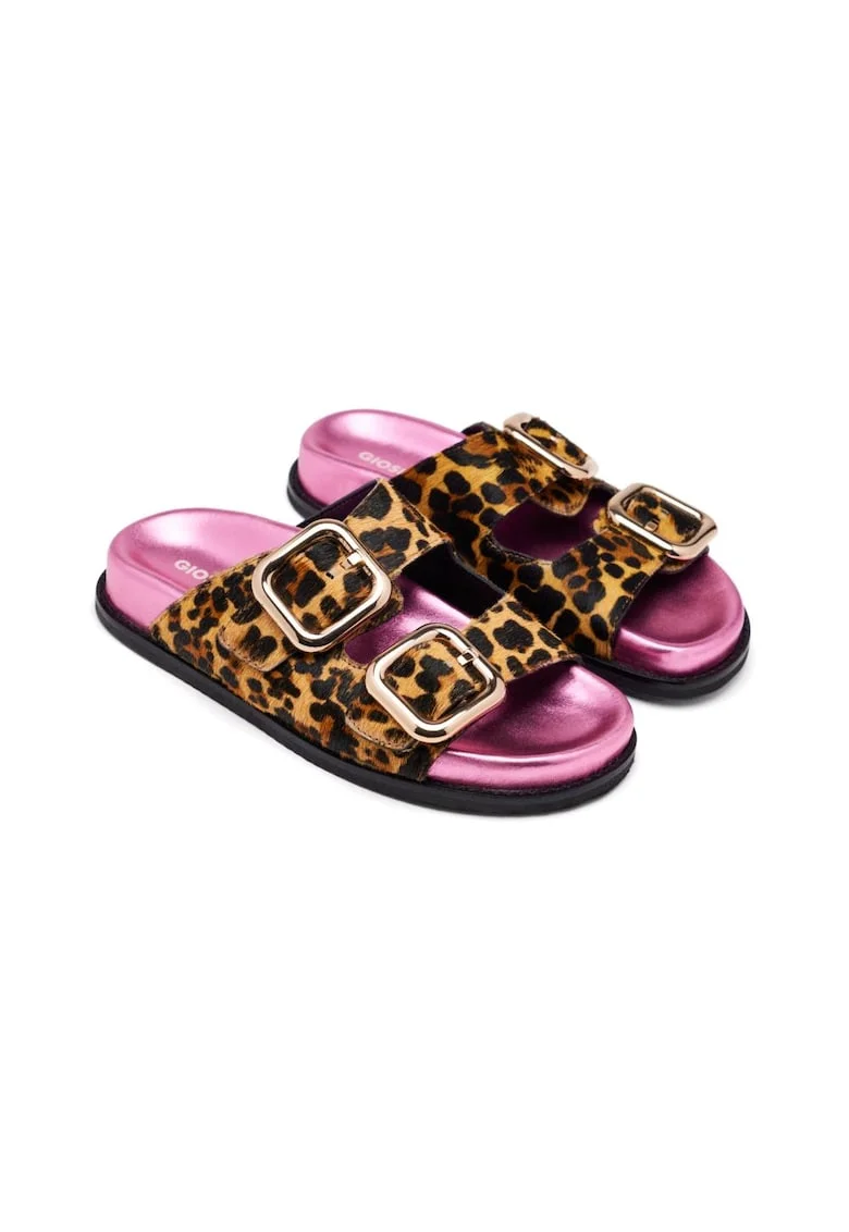 Papuci de piele cu animal print Mifflin, Maro inchis/Caramel