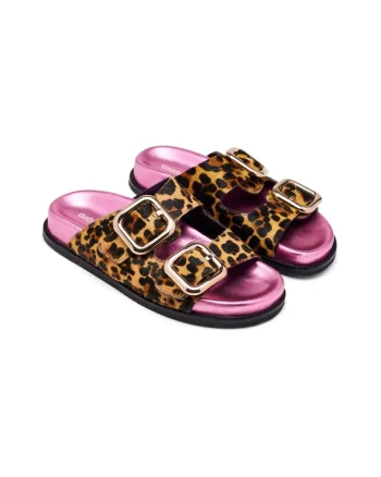 Papuci de piele cu animal print Mifflin, Maro inchis/Caramel