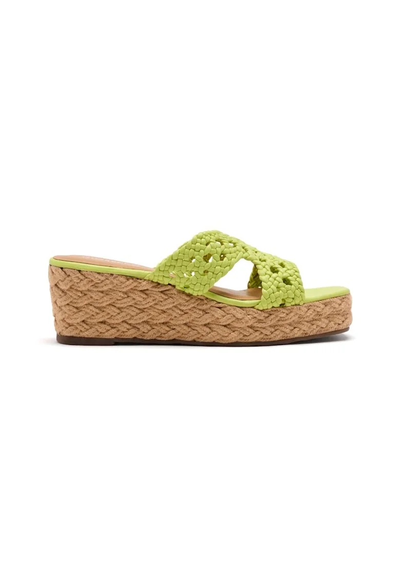 Papuci din piele cu talpa wedge si aspect crosetat, Verde lime