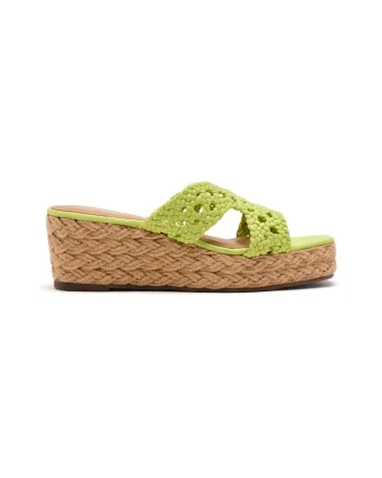 Papuci din piele cu talpa wedge si aspect crosetat, Verde lime