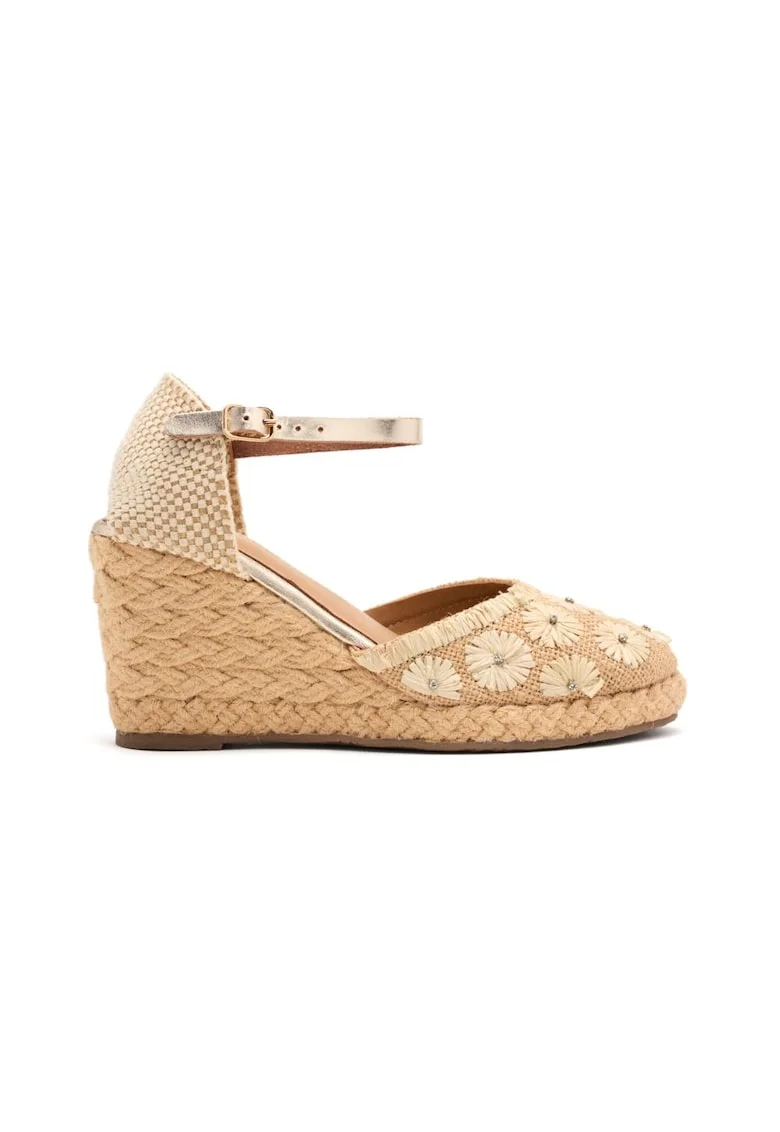 Espadrile tesute cu talpa wedge si garnituri din piele, Bej deschis