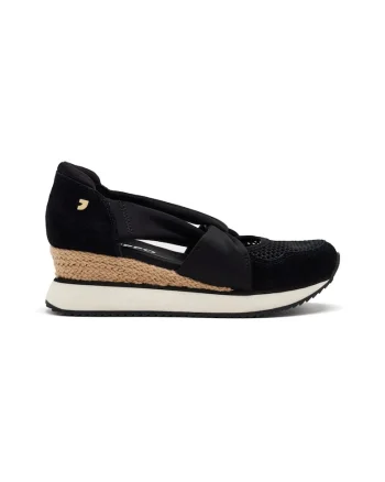 Pantofi cu talpa wedge si insertii din piele intoarsa, Negru