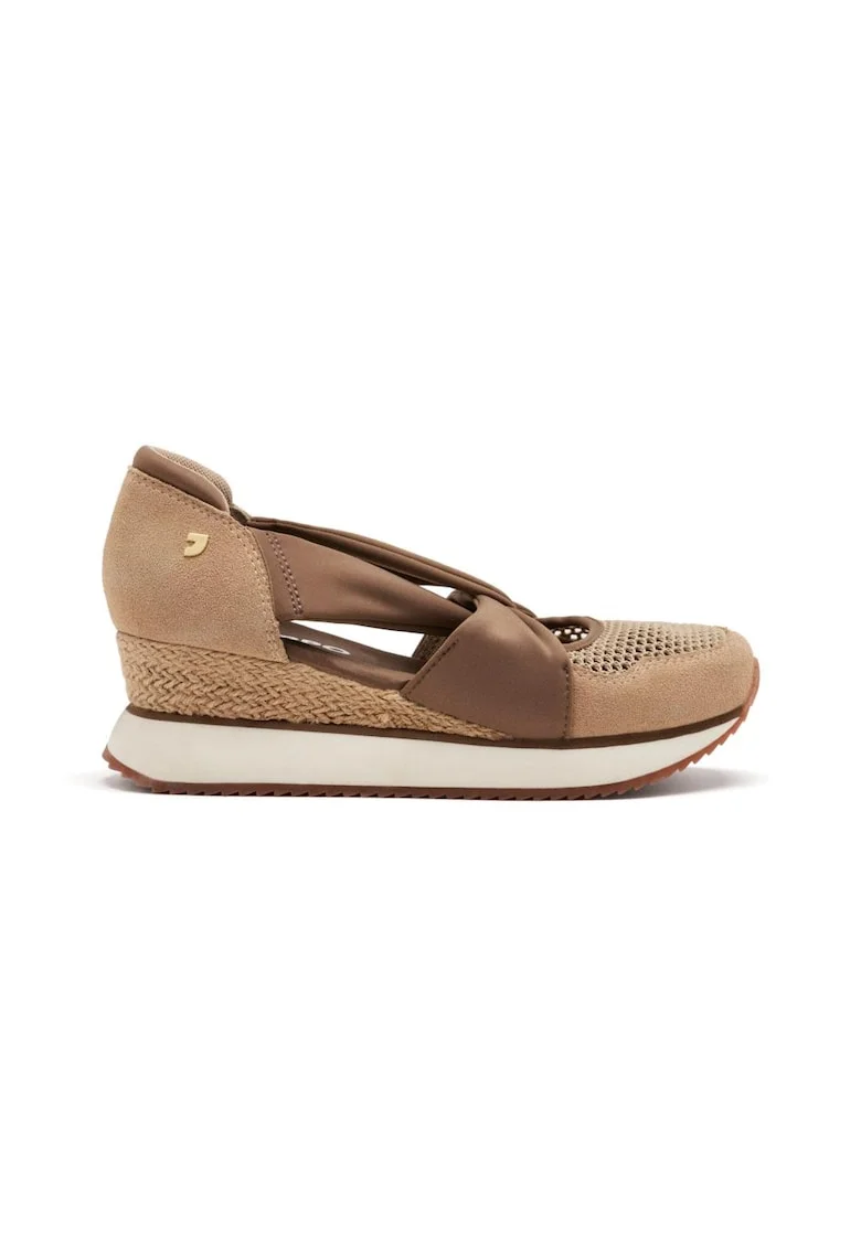 Pantofi cu talpa wedge si insertii din piele intoarsa, Maro taupe