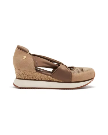 Pantofi cu talpa wedge si insertii din piele intoarsa, Maro taupe