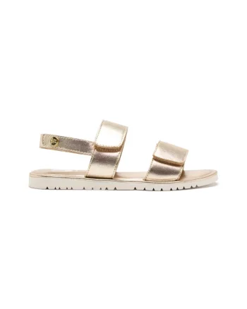 Sandale din piele cu model uni si inchidere velcro, Auriu
