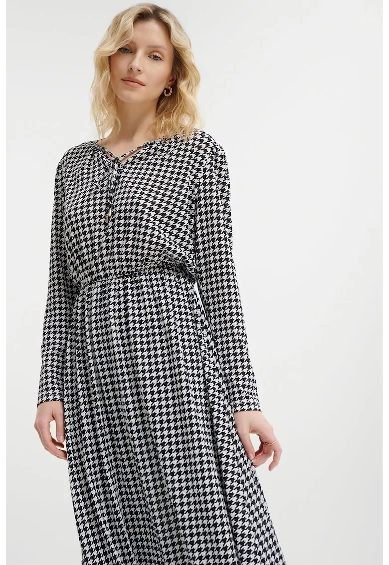 Rochie midi cu model si maneci lungi, Negru/Alb murdar