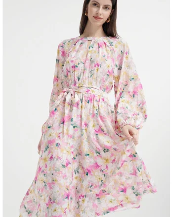 Rochie cu model floral si maneci lungi, Alb/Galben/Roz