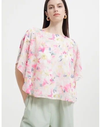 Bluza cu model floral, Alb/Galben/Roz