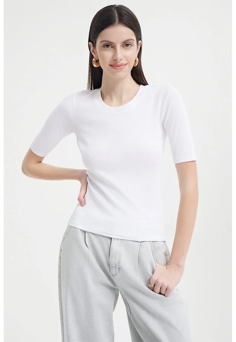 Bluza cu decolteu rotund, Alb optic