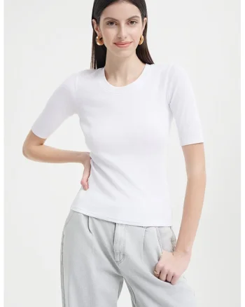 Bluza cu decolteu rotund, Alb optic