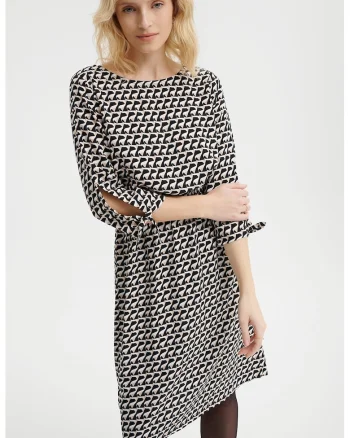 Rochie cu model si maneci 3/4, Negru/Alb murdar