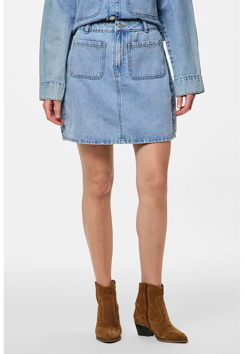 Fusta mini de denim cu croiala in A, Albastru deschis