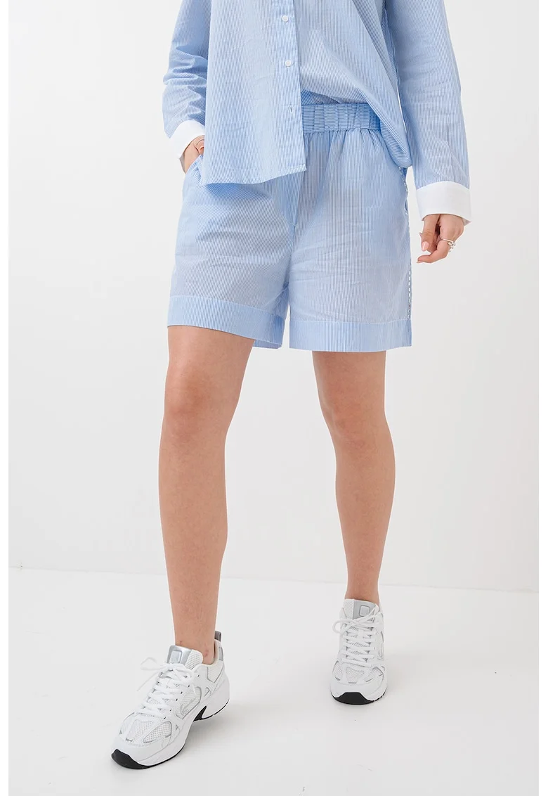 Pantaloni scurti ampli de bumbac organic, Alb/Albastru
