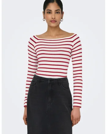 Bluza slim fit cu decolteu pe umeri, Rosu/Alb
