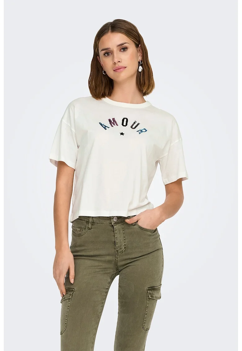 Tricou cu imprimeu si maneci cazute, Alb