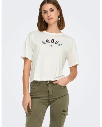 Tricou cu imprimeu si maneci cazute, Alb