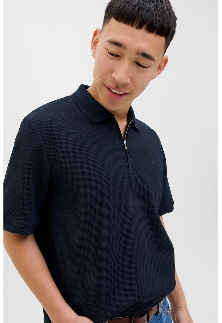 Tricou polo din amestec de bumbac organic cu fenta cu fermoar, Bleumarin