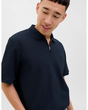 Tricou polo din amestec de bumbac organic cu fenta cu fermoar, Bleumarin