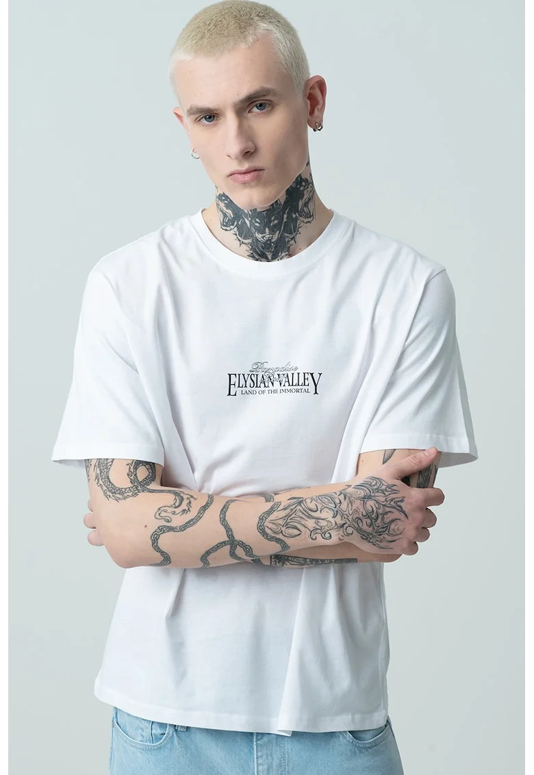 Tricou de bumbac cu decolteu la baza gatului, imprimeu grafic si text, Alb/Negru/Albastru
