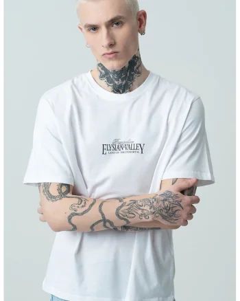 Tricou de bumbac cu decolteu la baza gatului, imprimeu grafic si text, Alb/Negru/Albastru